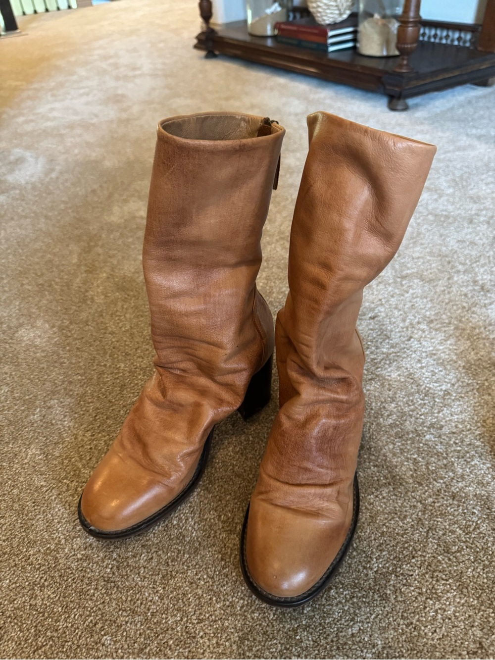 Free People Tan Leather Ellie Mid-Calf Slouch Block Heel Boots size 40 - Picture 2 of 9